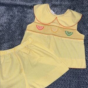 Bright summer Yellow Gingham Toddler matching Set with Fruit Embroidery